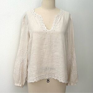 J Crew Linen Bungalow Blouse NWT Cream With White Embroidery Long Sleeves M